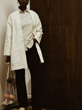 Power Of My People Long Sleeve Duster Coat Jacket XS /S Ecru Cotton